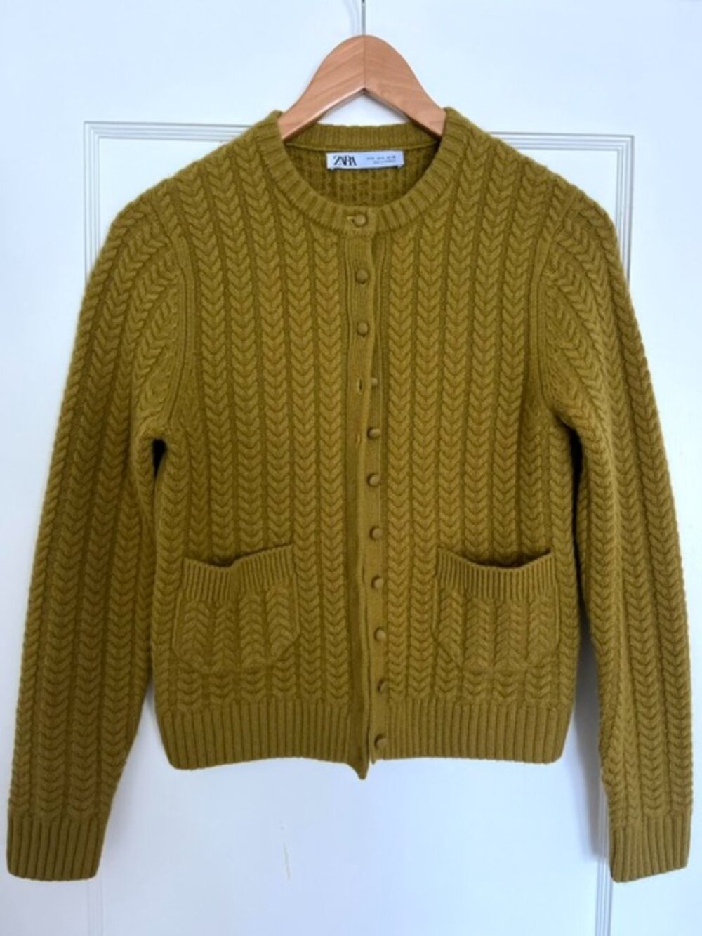Zara Wool Cable-Knit Cardigan in Olive Mustard | Size Small